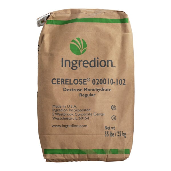 A brown bag of Dextrose Corn Sugar with green text on a white background.