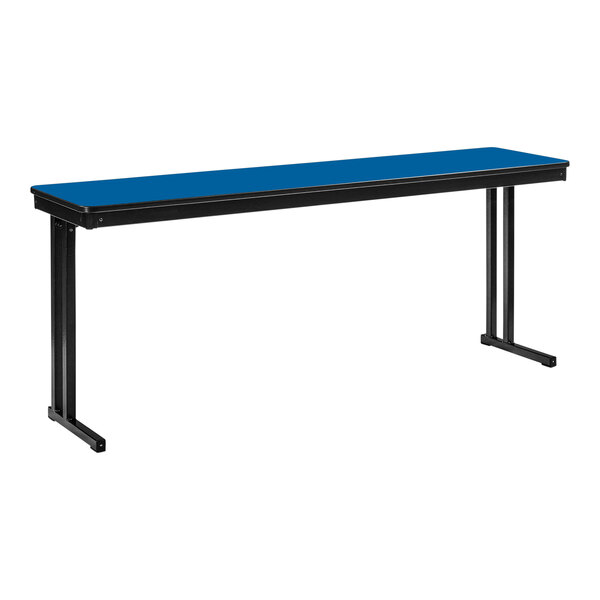 A blue rectangular National Public Seating plywood folding table with black cantilever legs.