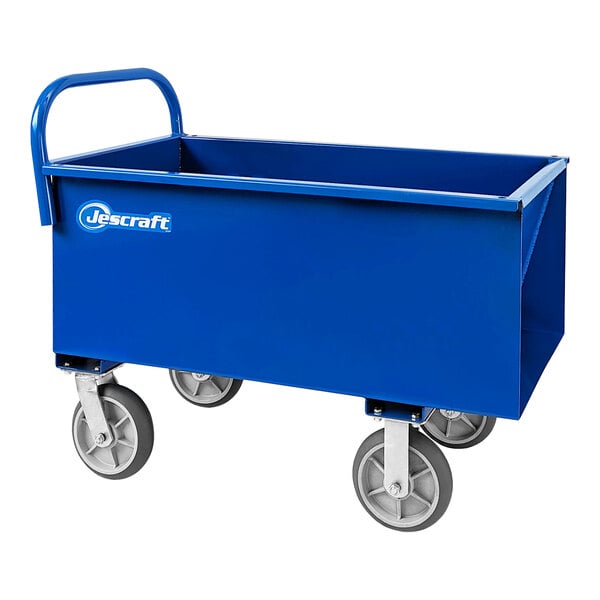 A blue Jescraft heavy-duty steel concrete cart with wheels.