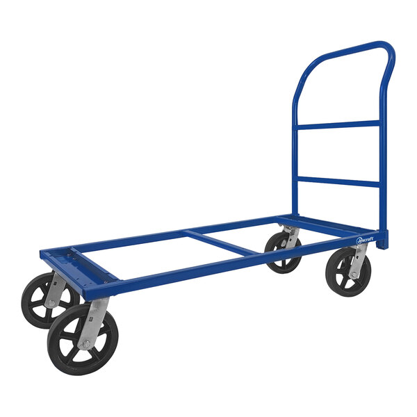 A blue metal cart with black wheels.