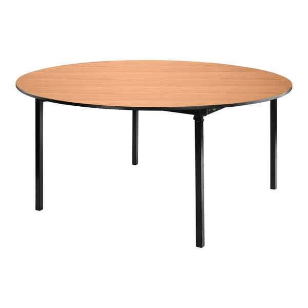 A National Public Seating round plywood table with black legs.