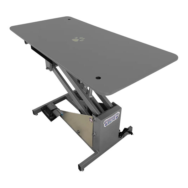 A grey Groomer's Best electric grooming table with black legs and a black top.