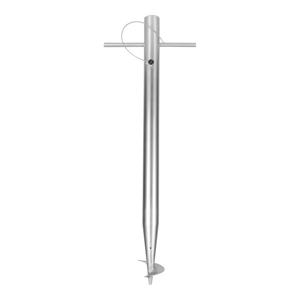 A silver metal pole with a black round tip.