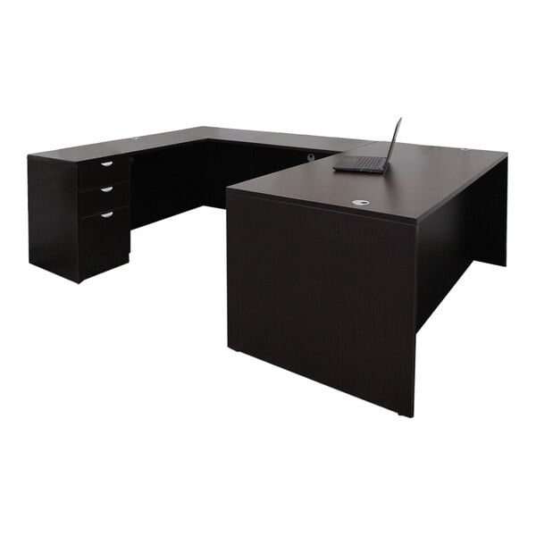 A Boss mocha laminate desk with dual storage and a laptop on it.