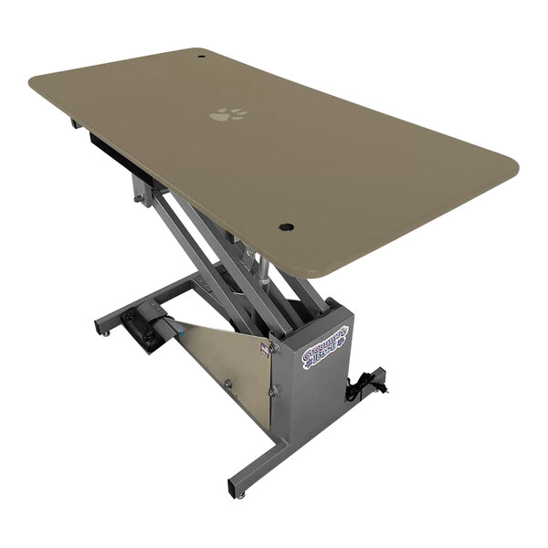 A tan Groomer's Best electric grooming table with black legs and base.