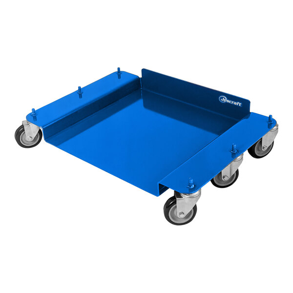 A blue metal dolly with wheels and a handle.