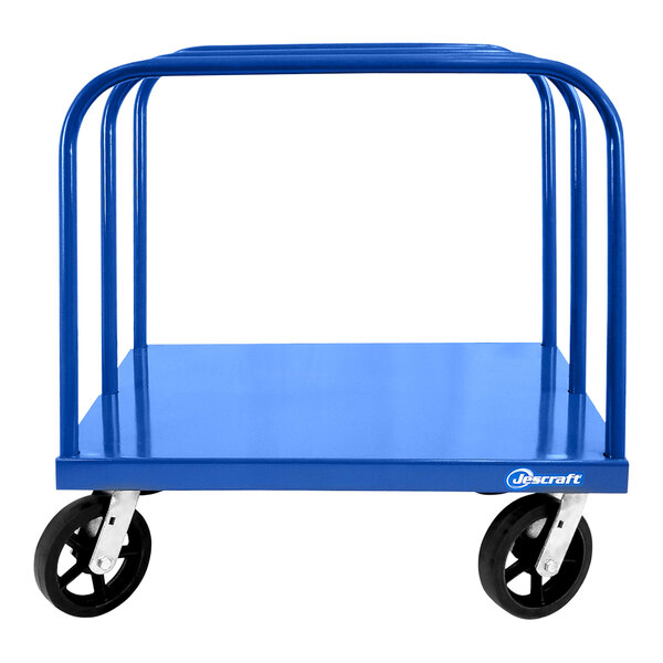 A blue Jescraft steel panel cart with black wheels and a handle.