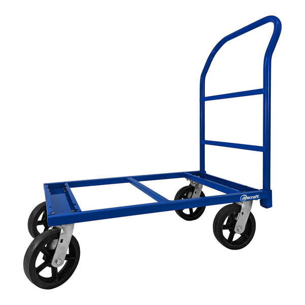 A blue Jescraft flat dolly with black wheels and a push handle.