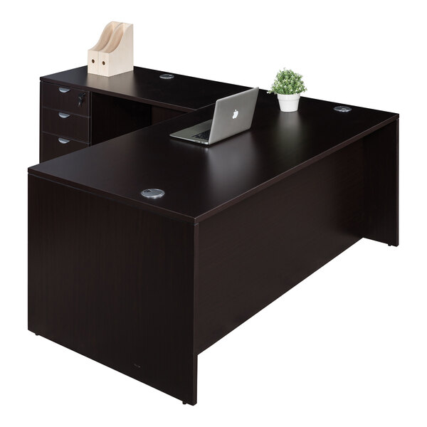 A Boss Holland mocha laminate desk with a laptop and storage pedestal.