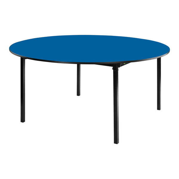 A National Public Seating round plywood folding table with a blue top and black edges.