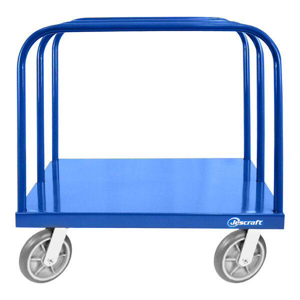 A blue Jescraft panel cart with four metal bars and wheels.