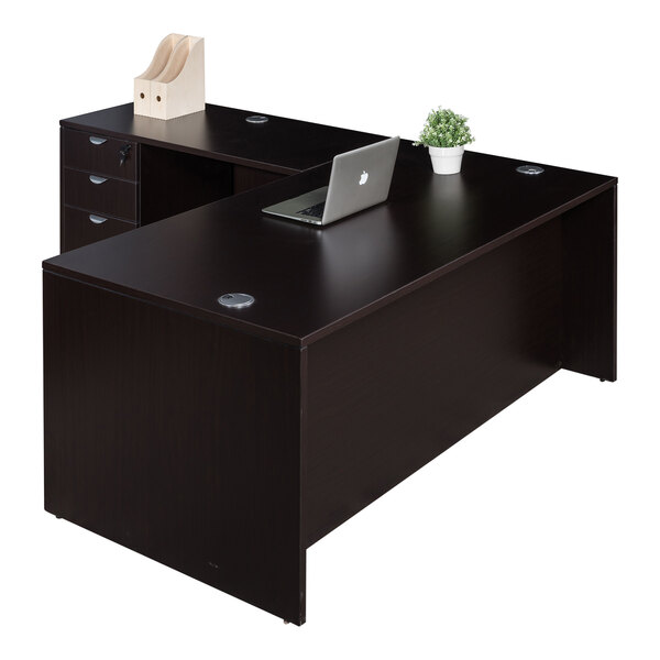 A Boss Holland mocha laminate desk module with a return and storage pedestal with a laptop on the desk.