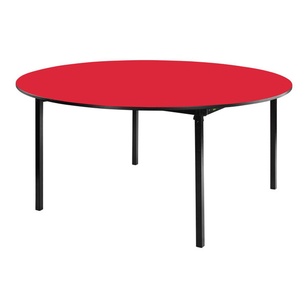 A red table with a round top and black T-mold edge and legs.