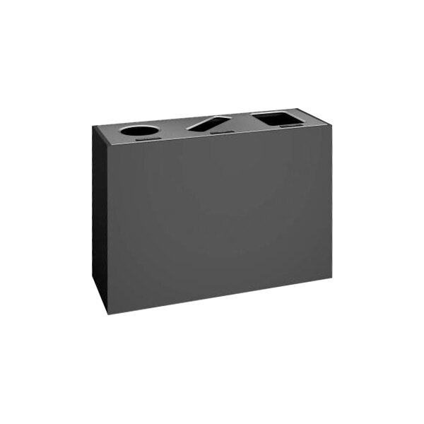 A black rectangular Busch Systems Aristata three stream receptacle with holes for three compartments.