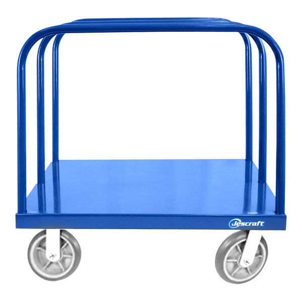 A blue Jescraft panel cart with metal bars and wheels.