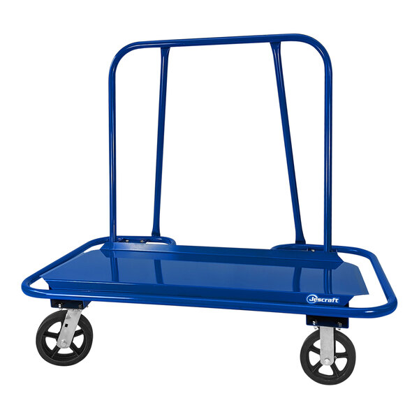 A blue Jescraft drywall cart with black wheels.