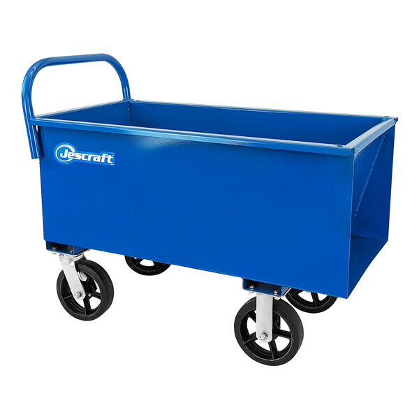 A blue Jescraft steel concrete cart with black rubber wheels.