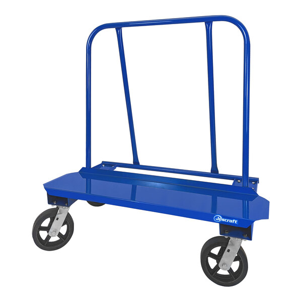 A blue Jescraft drywall cart with black wheels.