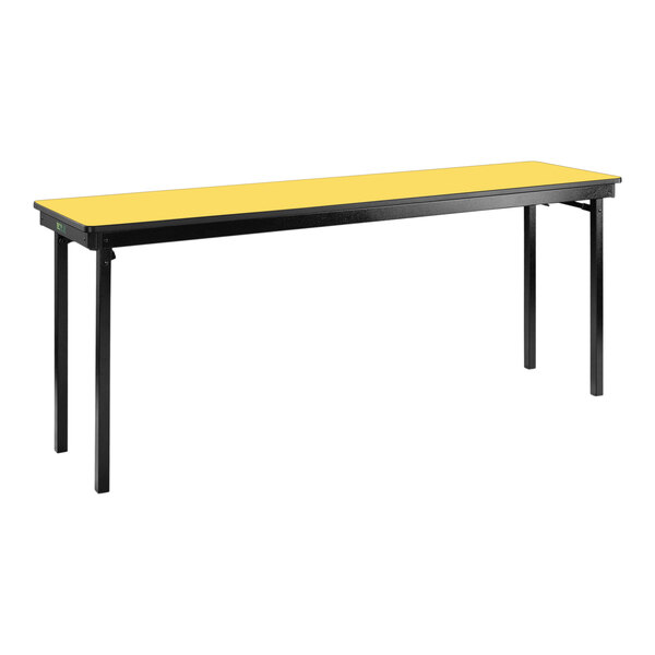 A National Public Seating rectangular yellow plywood folding table with black legs.