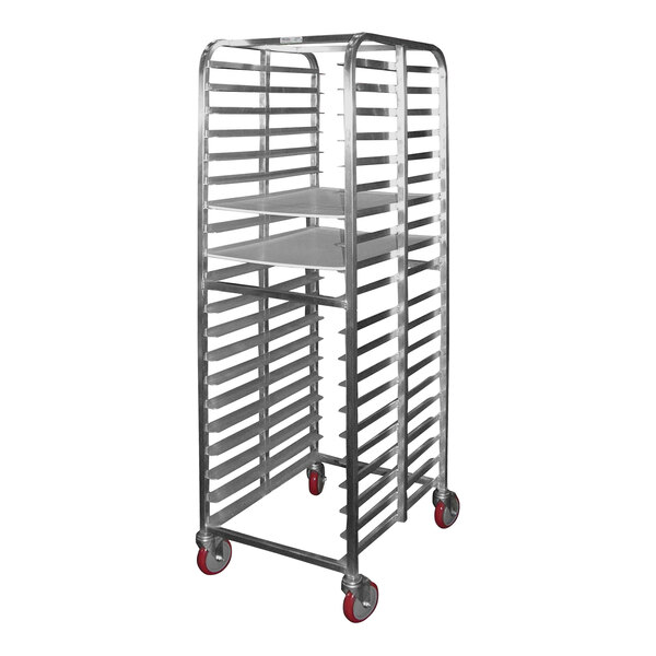 A metal Winholt sheet pan rack with shelves and red wheels.
