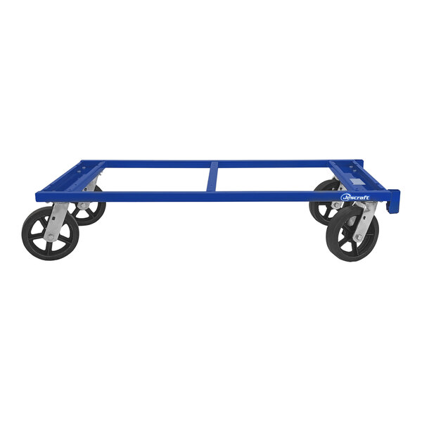 A blue metal dolly with black wheels.