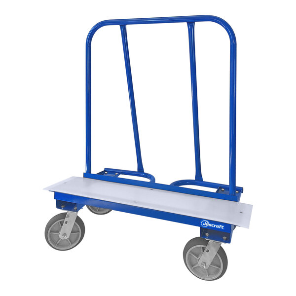 A blue and silver steel drywall cart with wheels.