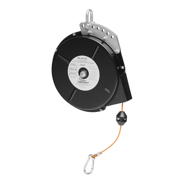 A Reelcraft medium-duty spring retractable tool balancer with a hook attached.