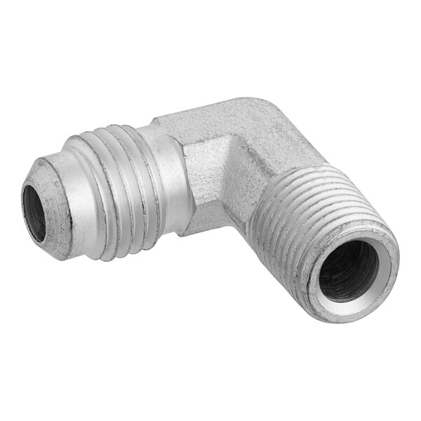 A silver metal pipe fitting with a threaded end.