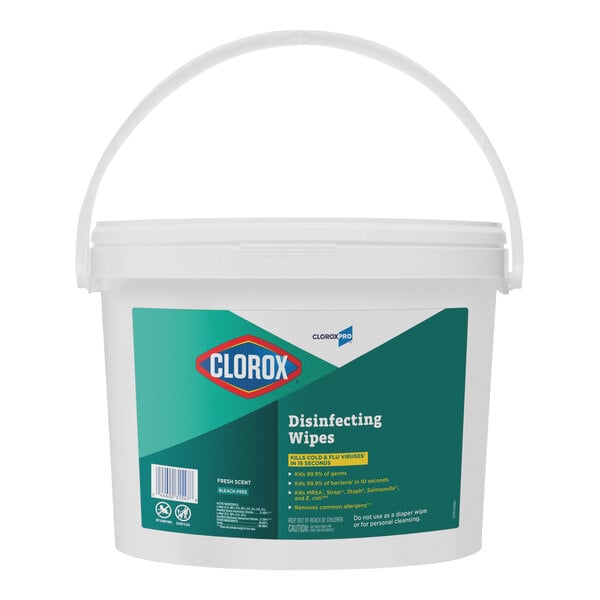 A white bucket with a green Clorox label containing Clorox disinfecting wipes.