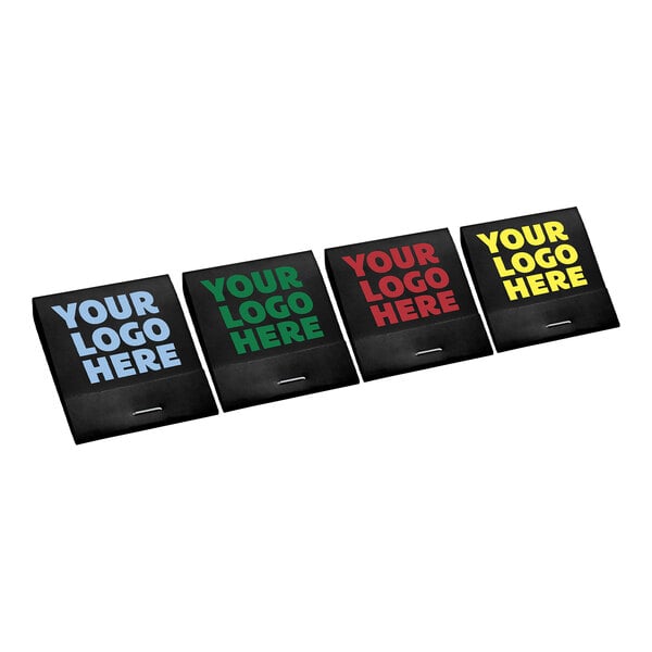 A group of black matchbook boxes with red and green text.