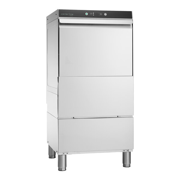 A white rectangular Centerline by Hobart undercounter dishwasher with a black top.