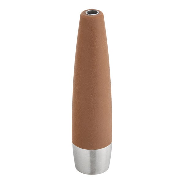 A close-up of a stainless steel iSi Nitro Tip on a brown bottle.