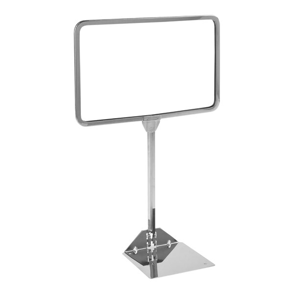 A chrome metal stand with a white sign in a metal frame.