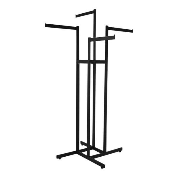 A matte black metal Econoco 4-way garment rack with 4 straight arms.