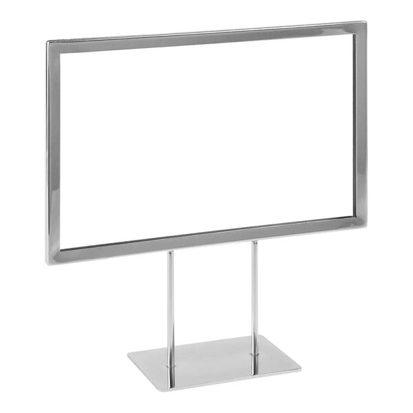 A chrome metal sign holder with a flat base holding a white board.