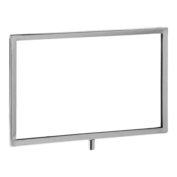 A chrome metal sign holder with mitered corners holding a white board.