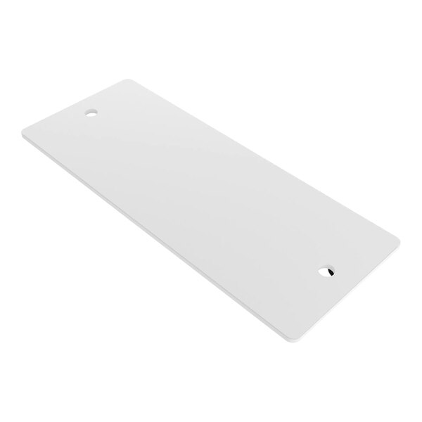 A white rectangular melamine shelf with holes in the corners.