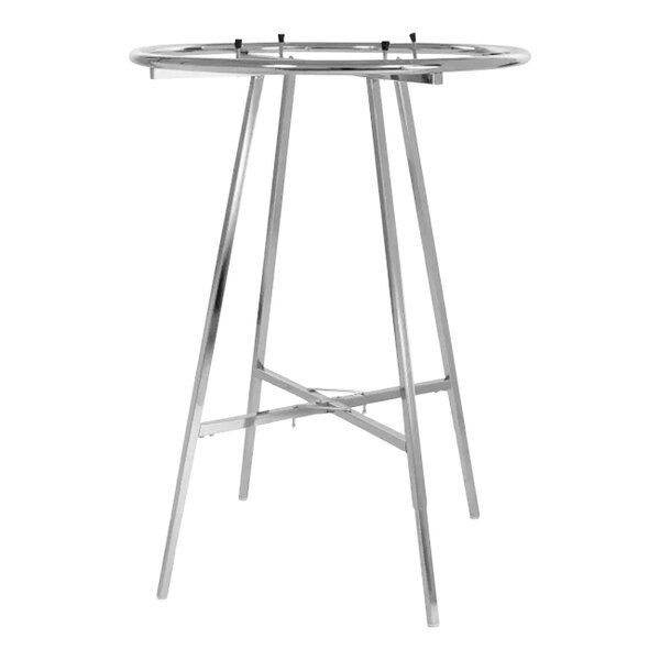 A silver metal round garment rack with adjustable height.