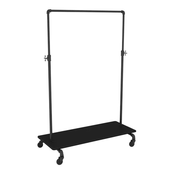 An Econoco Pipeline black metal clothing rack with wheels.