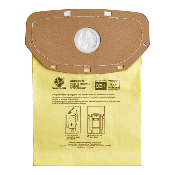A yellow Hoover vacuum bag with allergen filtration.