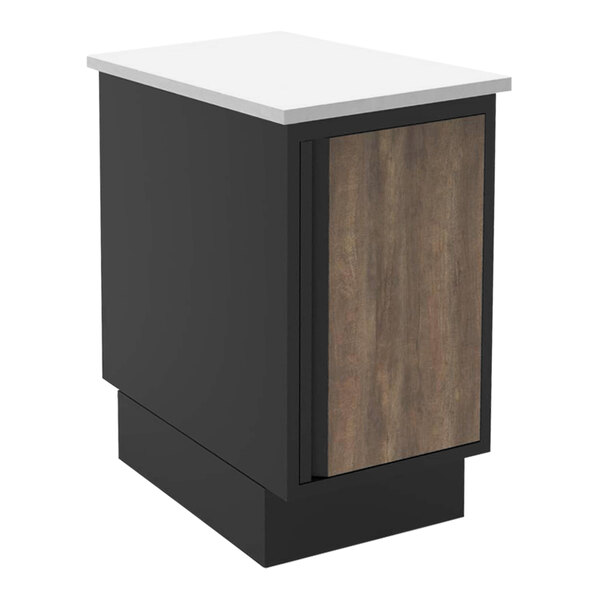 A black and white ShopCo modular cabinet with a white marble counter top.