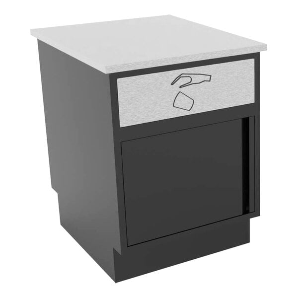 A black rectangular cabinet with a white surface and black border holding a trash receptacle.