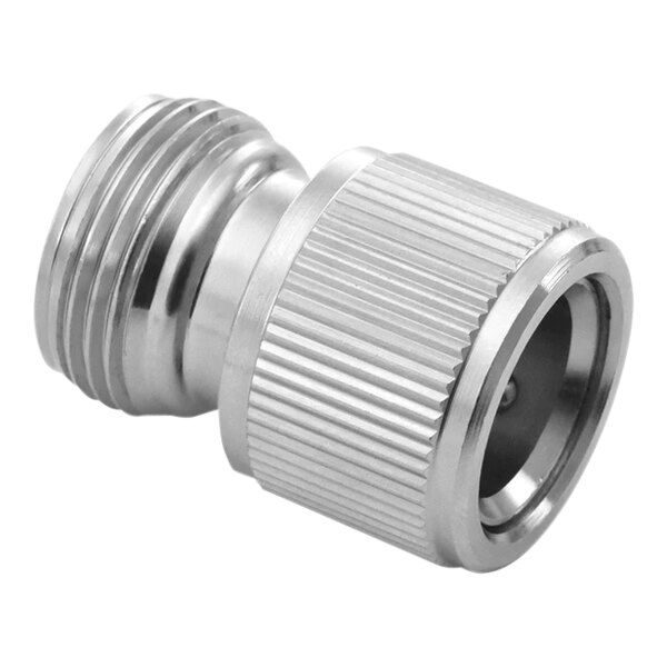 A close-up of a silver metal BluSeal Universal Quick Connect Coupler with threads.