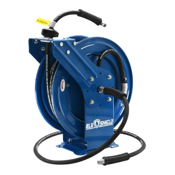A BluBird blue rubber pressure washer hose reel with a black hose attached.