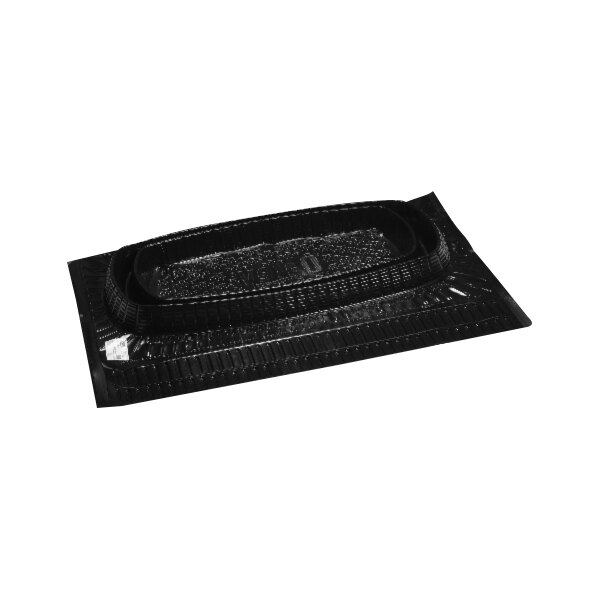 An Oatey black plastic tray with a rectangular shape and a handle.