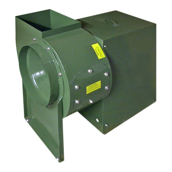 A green metal Canarm utility blower with a yellow label.