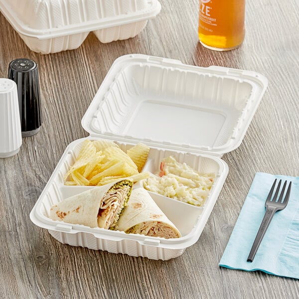 Choice 8" x 8" 3-Compartment Microwaveable White Mineral-Filled Plastic Hinged Take-Out Container - 150/Case