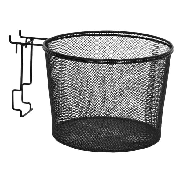 A 11" x 7 1/2" black steel mesh basket with a hook.