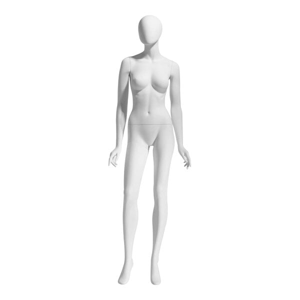 A white Econoco female mannequin with an oval head and arms at its sides.