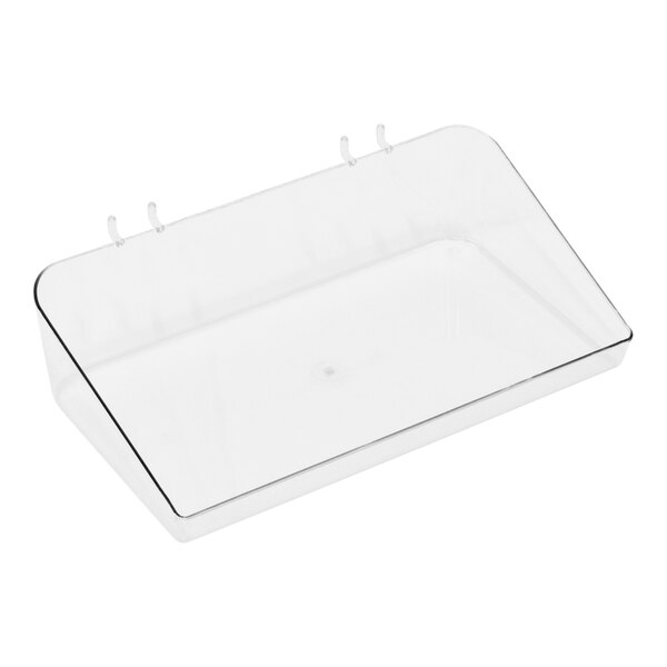 A 12" x 6 1/2" x 3" clear plastic tray with hooks.